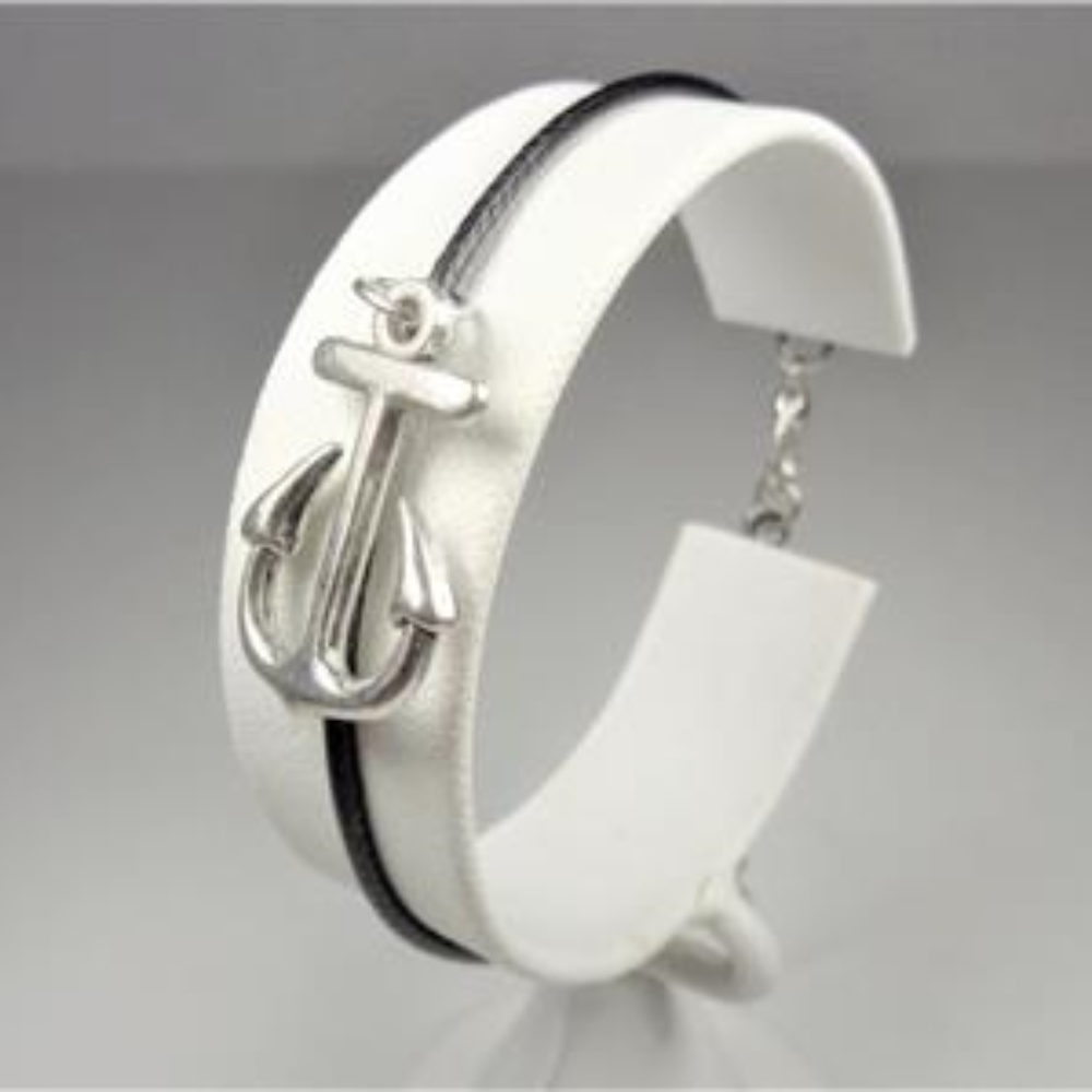 NAUTICAL BOAT ANCHOR BLACK LEATHER BRACELET